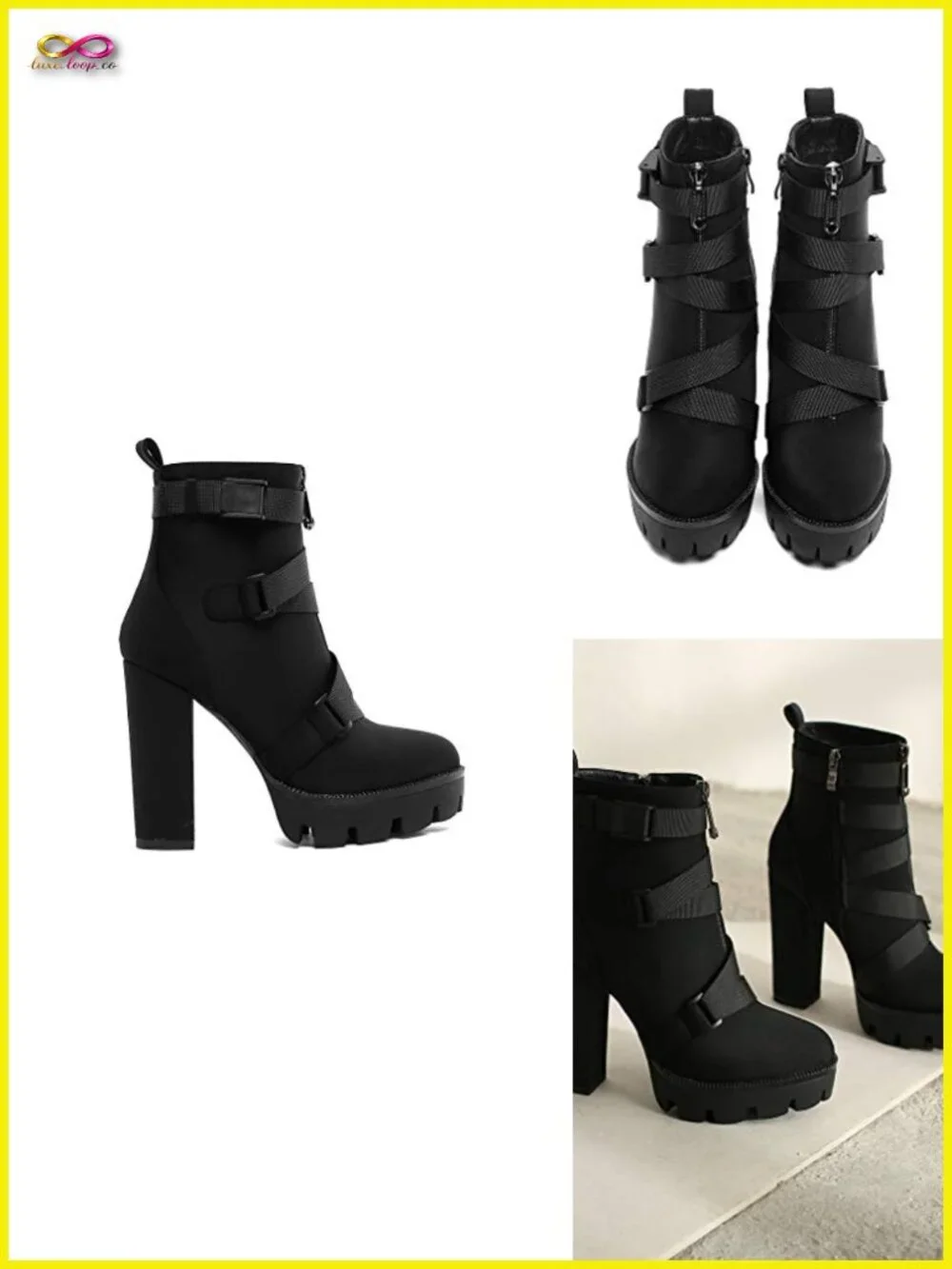 Fashion Platform Block High Heel Booties Buckle Strap Zipper Ankle Boots